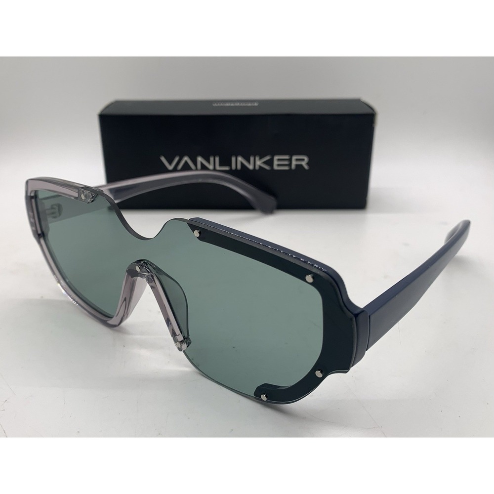 Vanlinker Sunglasses Futuristic Shield Gray Blue Frame Green Lense 9619 - Picture 2 of 10